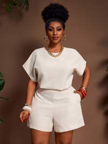 Slaydiva 2025 新款春夏大码复古西部/热带/音乐节/俱乐部/公路旅行/休闲/城市度假/毕业约会/优雅度假女士搭配亚麻圆领蝙蝠袖宽松上衣搭配荷叶边下摆高腰短裤 2 件套 - B - 卡其色 - 查看 3