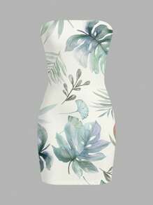 SHEIN Glamour Women's Summer Sexy & Romantic Halter Short Jumpsuit With Leaf Print, Suitable For Beach, Party, Date, Comfort