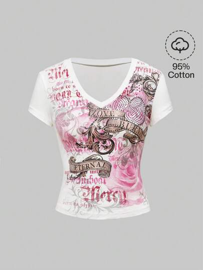 Grunge Punk Women V Neck Short Sleeve T-Shirt, Simple & Fashion, Suitable For Summer
