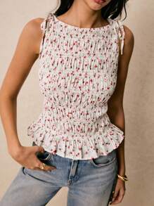 Poéselle Top da donna con scollo alla spalla, cinturino, orlo arricciato e stampa floreale ditsy per la vacanza