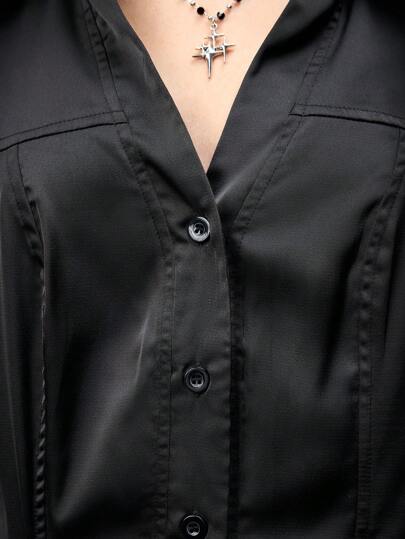Goth Modern Urban Office Siren Style Acetate Satin Slim Fit V-Neck Shirt