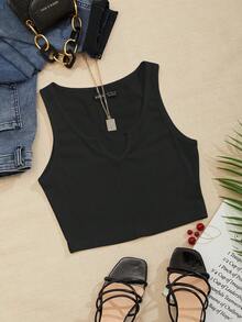 Breezaya Notch Neck Rib-knit Tank Top - Black - View 3