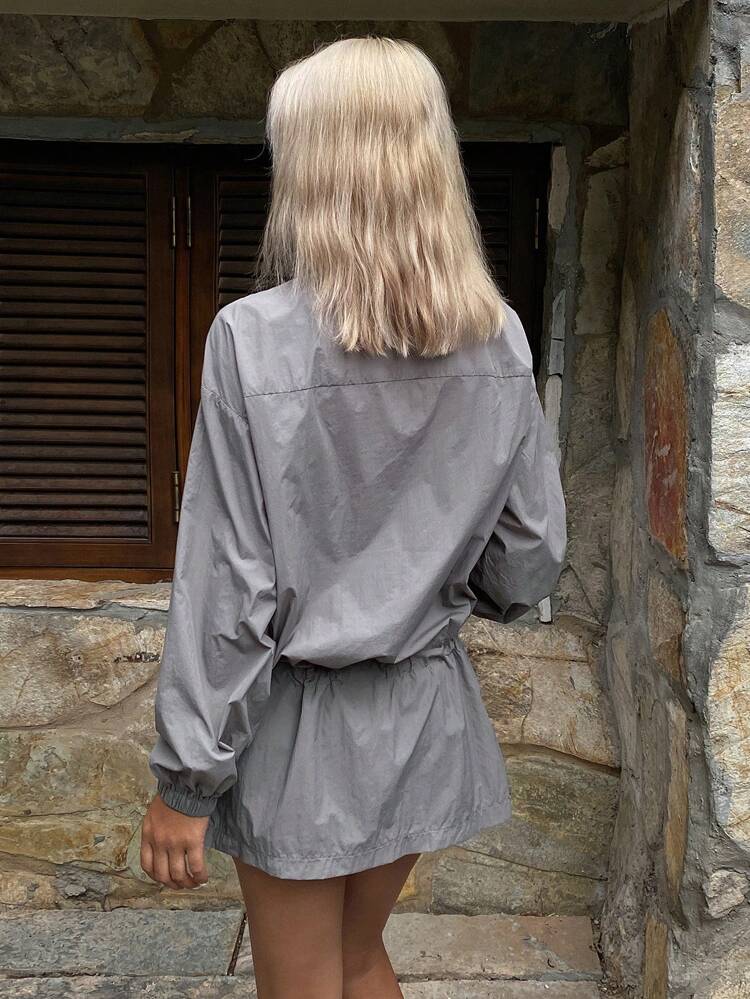 Plain Loose Long Sleeve Drawstring Ruched Flounce Hem Casual Vacation Summer Women Thin Jacket