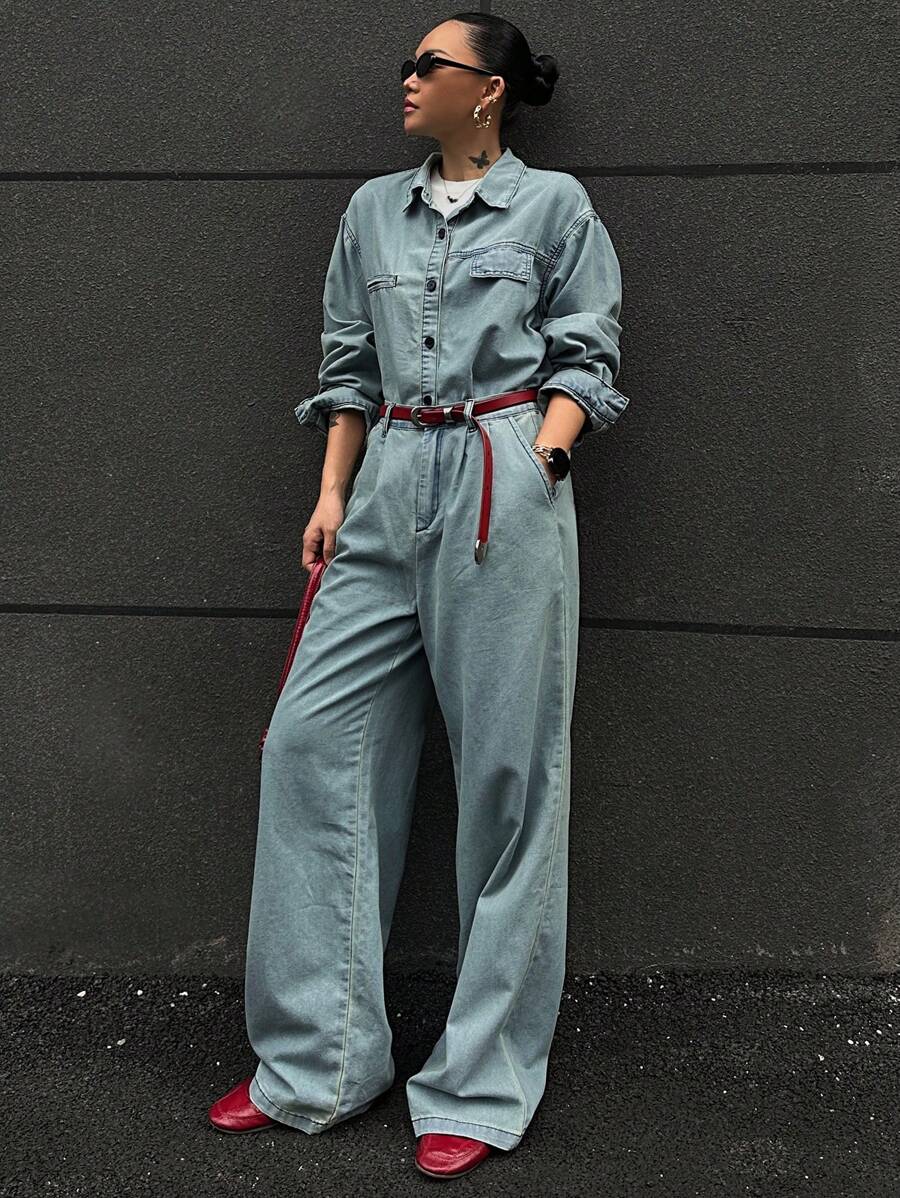 Bộ áo sơ mi cạp chun rộng màu trơn và quần jeans ống rộng cho nữ, trang phục mùa thu - Rửa nhẹ - Xem 1