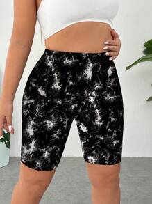 SHEIN Essnce 大码女式休闲全身黑白扎染印花紧身裤，适合春夏季外出穿着，骑行短裤 - 黑與白 - 查看 1