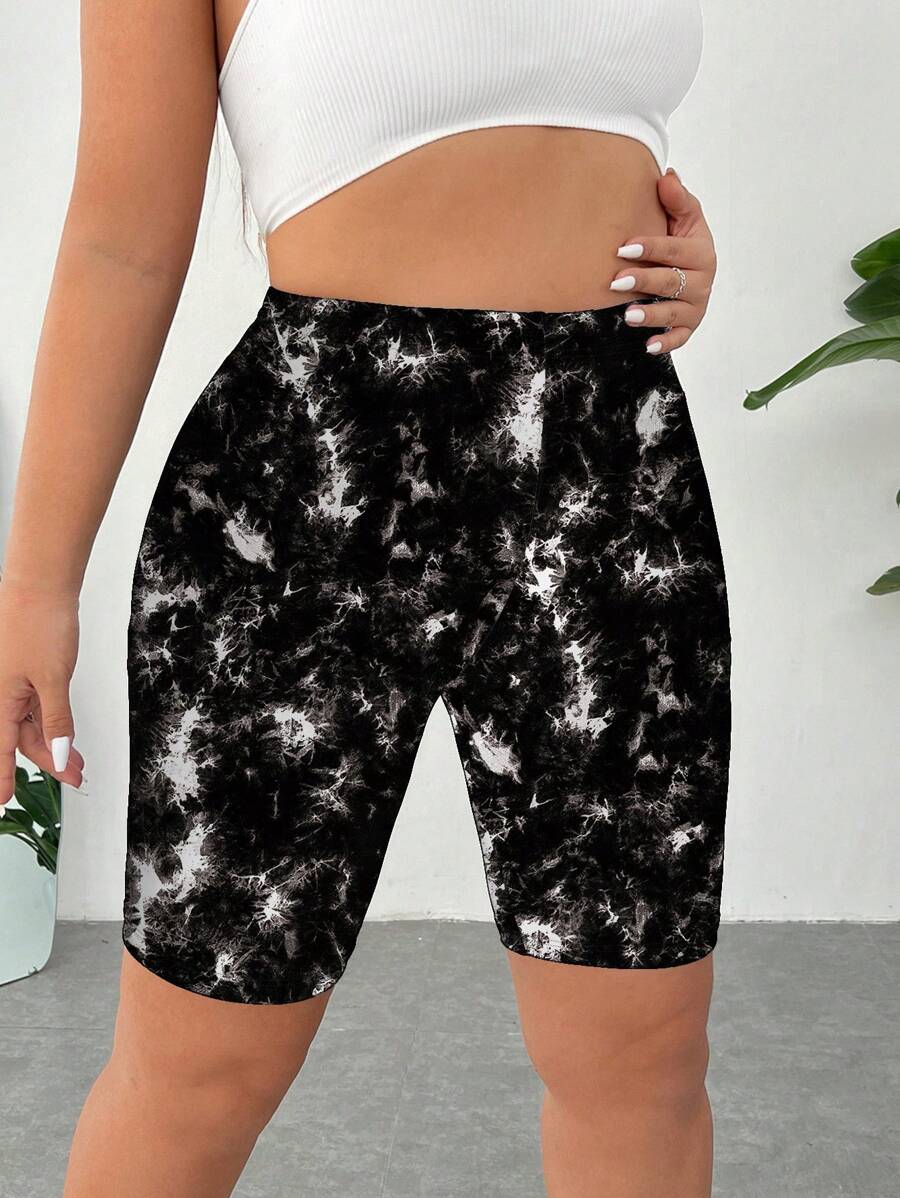 SHEIN Essnce 大码女式休闲全身黑白扎染印花紧身裤，适合春夏季外出穿着，骑行短裤 - 黑與白 - 查看 1