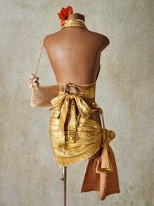 SHEIN ICON Set de 3 trajes de baño sin espalda con recubrimiento para mujer, atuendos para el 4 de julio - Dorado - Ver 2