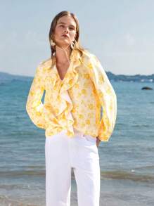 Lumivelle Camisa de mujer de manga larga con estampado floral y volante en el bajo