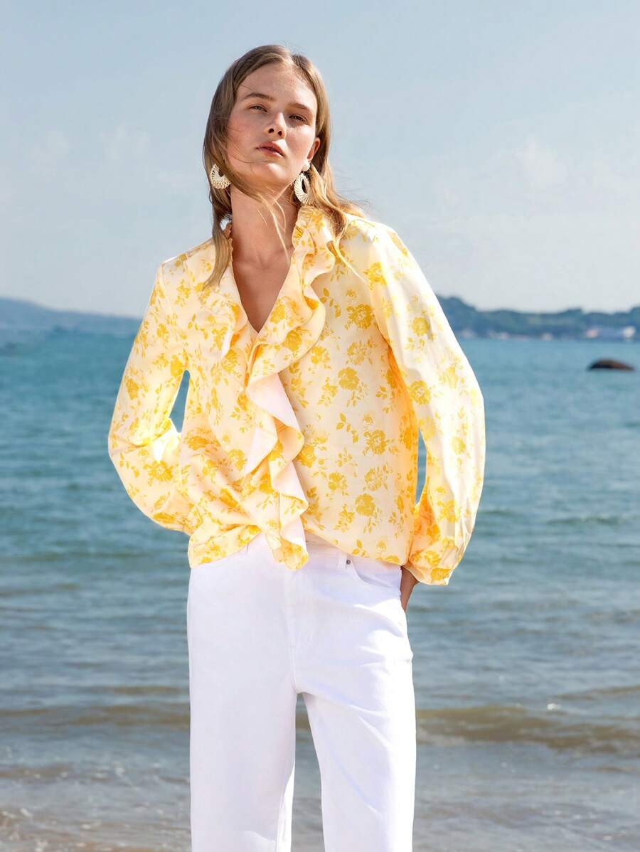 Lumivelle Camisa de mujer de manga larga con estampado floral y volante en el bajo