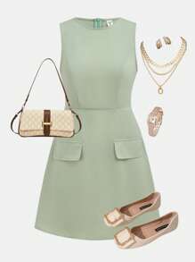 Girlism Robe courte mini plissée sans manches à col rond de couleur unie pour adolescentes - Vert - Voir 1