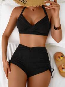 Swim Basics 2pcs Women's Swimsuit Set, Ribbed Crossed Bottoms, European Style Beach Wear For Summer Beach Vacation - Black - View 2