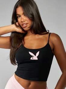 Missguided x Playboy Top básico de verano esencial para la moda activa, el entrenamiento y el descanso con logo de conejito icónico, diseño de top corto femenino de estilo deportivo informal