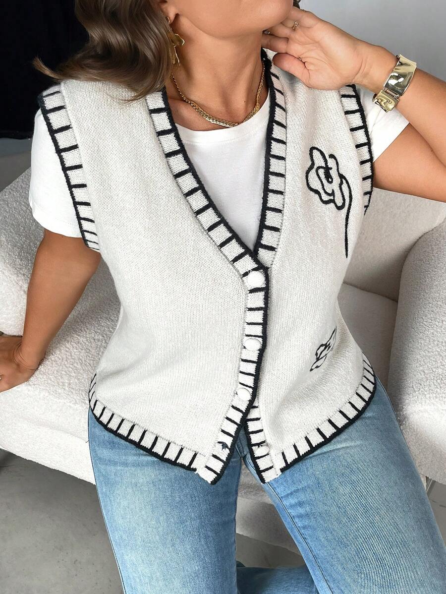 Firerie Plus Size Sleeveless Casual French Style Buttoned Floral Jacquard Pattern Loose Fit Vest/Waistcoat, Elegant School Style For Summer New Arrivals, Suitable For Beach/Holiday Wear/Shein Prive Women's Clothing