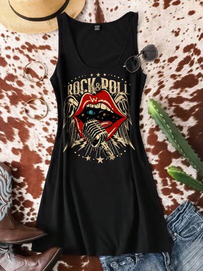 Attitoon Vestido informal minimalista de cuello redondo sin mangas con gráfico de labios de estilo retro y rock, apropiado para el verano para mujeres