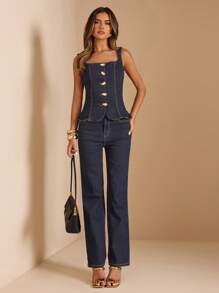SHEIN BAE جينز نسائي بجيوب، مستقيم، فضفاض، كاجوال، متعدد الاستخدامات