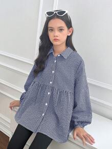 SHEIN Tween Girls Casual Turndown Collar Grid Pattern Lantern Sleeve Loose Cute Blouse Girls Gingham Shirt Loose Fitting Tween Blouse Tween Girl Button Up Shirt Tween Girl Plaid Blouse Fall Winter - Navy Blue - View 3