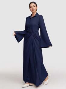 Veilorie 1 chiếc váy dài màu trơn siêu dài cho nữ, thời trang tối giản, mặc hàng ngày, giản dị, khiêm tốn - Màu xanh hải quân - Xem 6