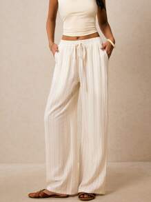 Poéselle Quần vải lanh dài kẻ sọc màu mơ có túi cho nữ, quần dài thắt eo, quần dài rộng rãi, màu trơn, phong cách đồng quê, hòa nhạc, boho, hòa nhạc, lễ hội, thời trang đường phố cho nữ - Màu be - Xem 2