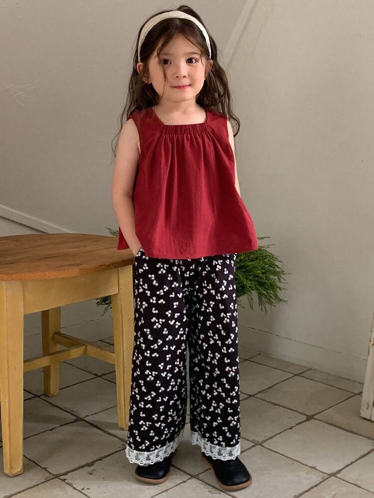 Young Girl Square Neck Red Tank Top & All-Over Print Pockets Pants Set,Girls Summer Outfits