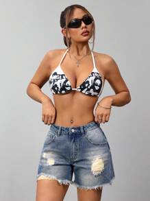 SHEIN ICON 女士休闲磨边破口袋牛仔短裤 - 中等水洗藍 - 查看 6