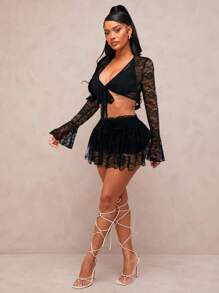 SHEIN SXY 女士两件套日常穿着黑色蕾丝两件套蕾丝两件套女士蕾丝裙套装 - 黑色 - 查看 5