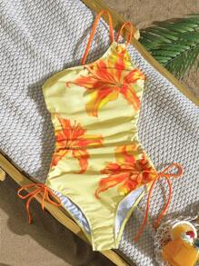 SHEIN Swim Vcay Mono de mujer con estampado floral, corte asimétrico en el hombro y cintura con cordón, traje de baño estilo playa y vacaciones - Multicolor - Ver 4