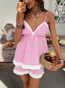 SHEIN VCAY 2pcs Women Woven Striped Patchwork Lace Camisole And Low Waist Shorts Set Vacation Casual Outfit Spring Outfits For Women Easter Dress Women - Pink - View 3
