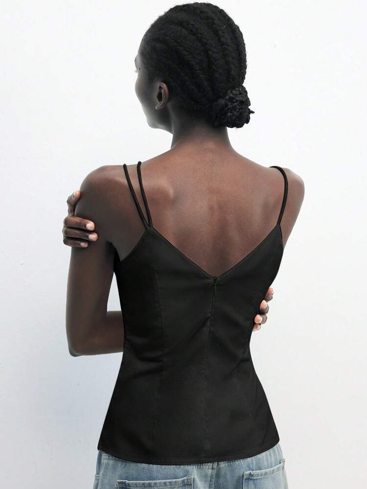 SHEIN Maija 2025 Autumn/Winter New Arrival Top, Suitable For Music Festival, Brunch, Graduation, Outdoor Activities, Beach Vacation, Holiday Design, Asymmetric Cut, Metal Hand-Sewn Button Decor, Invisible Back Zipper, Fitted Silhouette, Fashion Minimalist Versatile Elegant Casual Party Women Top Camisole Vintage Style