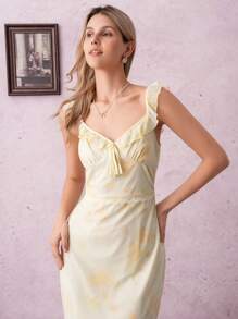 SHEIN Clasi Robe maxi style vacances ajustée à col V volantée en maille élastique à fleurs ditsy avec ourlet en queue de poisson