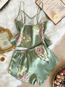 LuxeNights 2pcs Women Sexy Deep-V Print Camisole And Shorts Set, Elegant Satin Outfit, Suitable For All Seasons