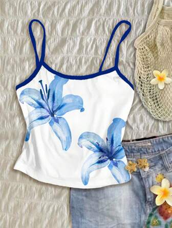 Attitoon Women's Casual Slim Fit Camisole Tops, Suitable For Summer, Vacation, Hibiscus Floral Print, Hawaiian Floral Print Suitable For Going Out