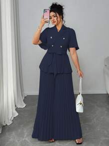 Elenzga Plus Size Women French Elegant Minimalist Summer Pleated Short Sleeve Loose Two Pieces Set - Navy Blue - View 1