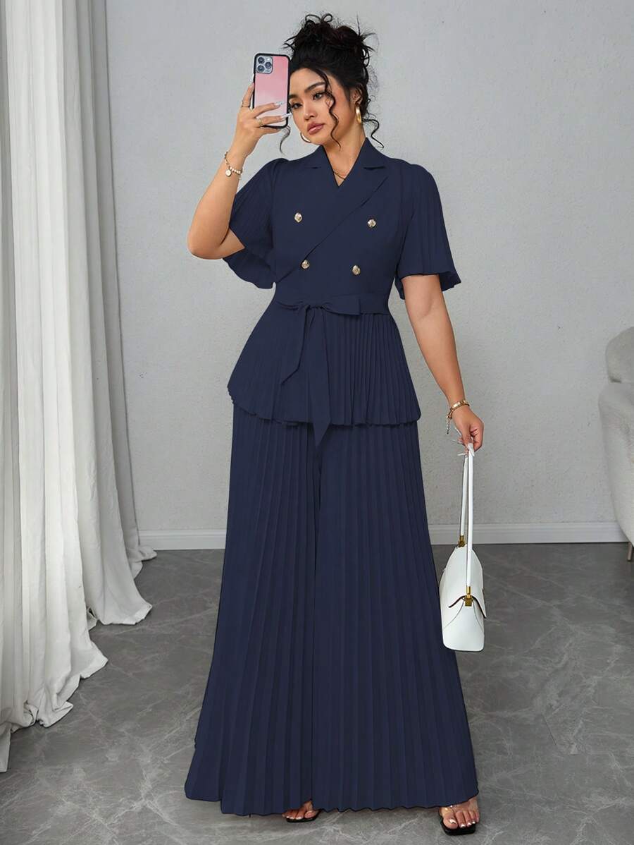 Elenzga Plus Size Women French Elegant Minimalist Summer Pleated Short Sleeve Loose Two Pieces Set - Navy Blue - View 1