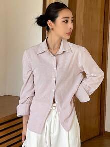 DAZY Women Vertical Striped Loose Fit Casual Long Sleeve Shirt, Summer
