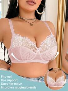 DesireSculpt 1pc Plus Size Lace Patchwork Steel Wire Bra, Lift - Pink - View 6