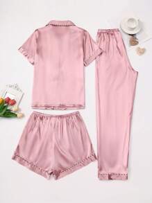 LuxeNights Conjunto de 3 piezas de pijama de seda sintética de unicolor con ribete de contraste y cuello de solapa, para vacaciones