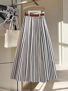 Franclia Casual Fashionable Versatile Elasticated Waist With Brown Leather Belt Pleated Midi Skirt - Black and White - View 2