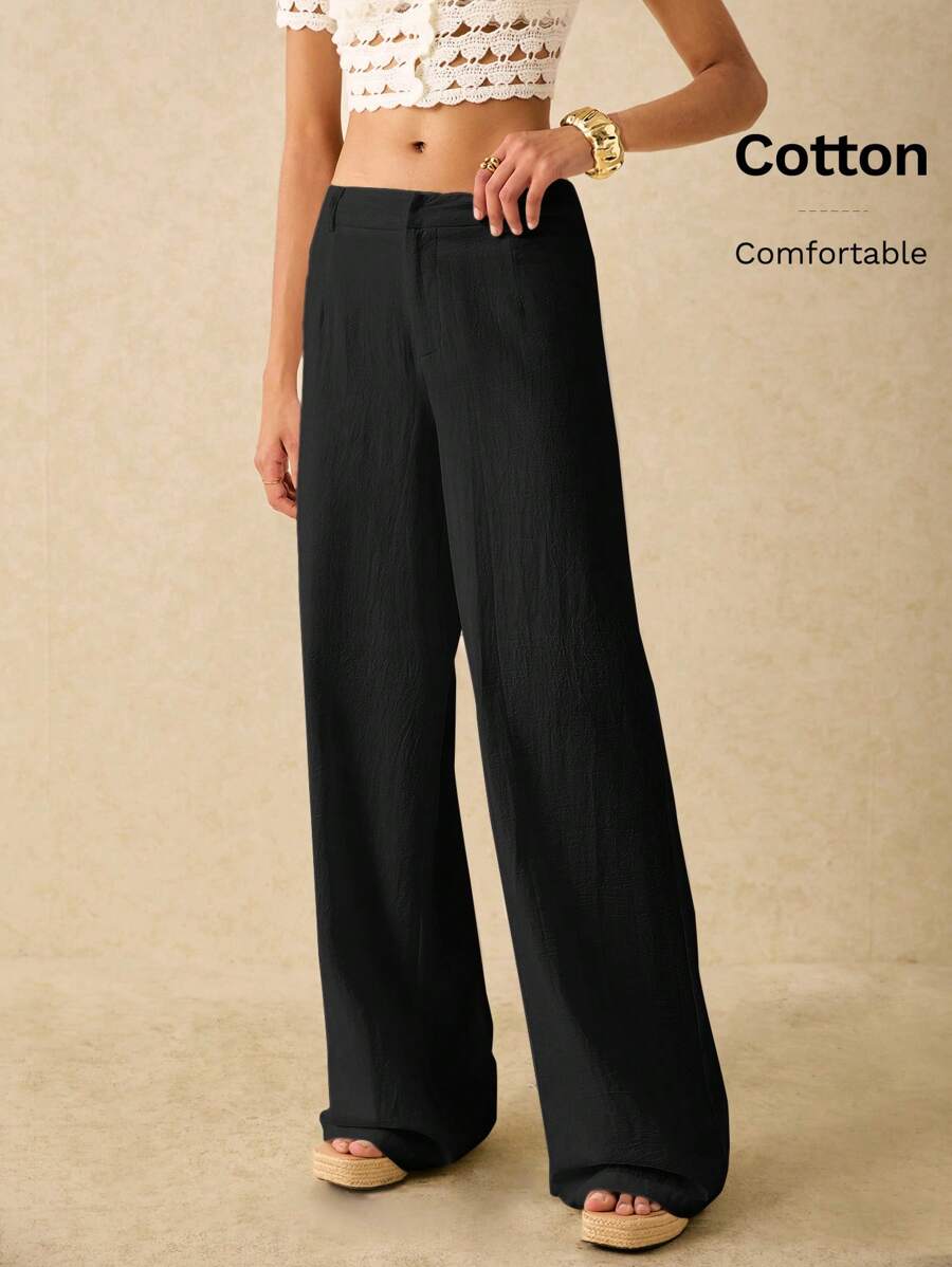 Poéselle Quần ống đứng đen giản dị có khóa kéo phía trước dành cho nữ - màu đen - Xem 1