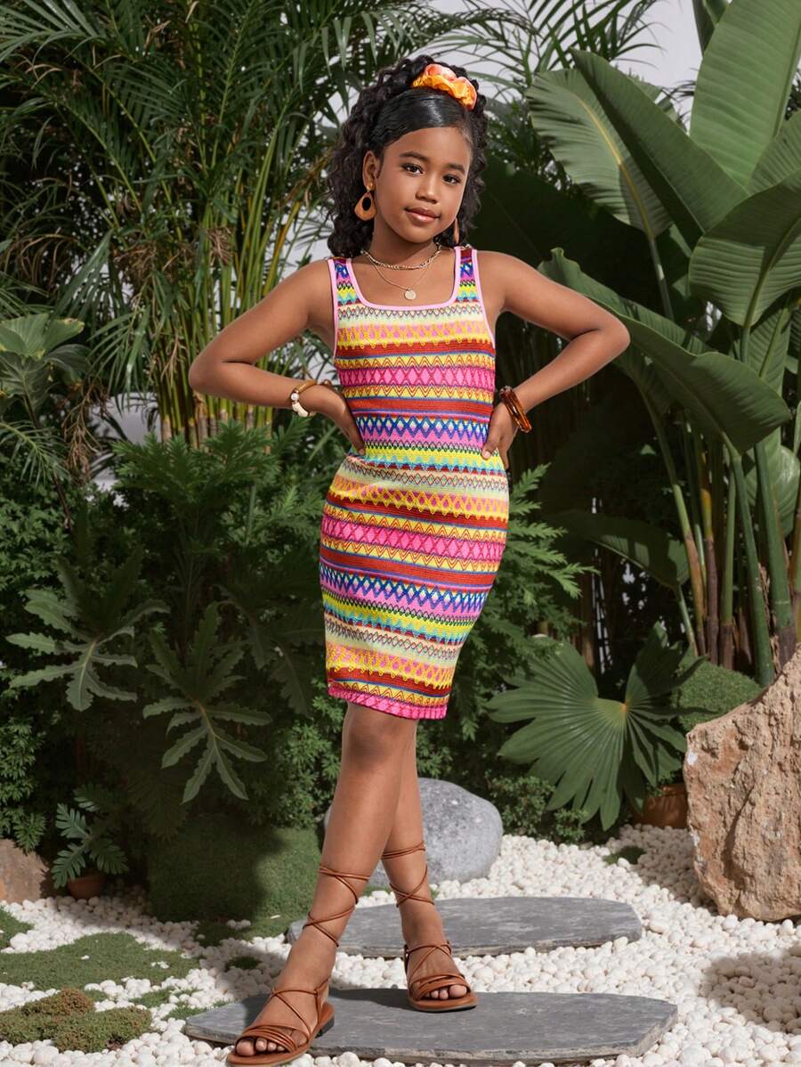 Vestido de punto ajustado con textura tropical de verano para niñas preadolescentes, conjunto a juego de mamá e hija (se venden por separado 3 piezas)