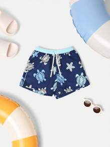 SUMWON Bóxer de natación para niños con estampado de tortuga marina y océano para vacaciones de playa y verano, traje de baño infantil con cordón y cintura elástica