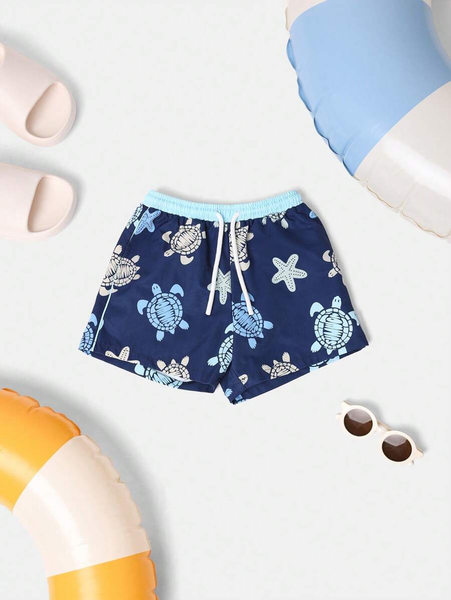 SUMWON Bóxer de natación para niños con estampado de tortuga marina y océano para vacaciones de playa y verano, traje de baño infantil con cordón y cintura elástica