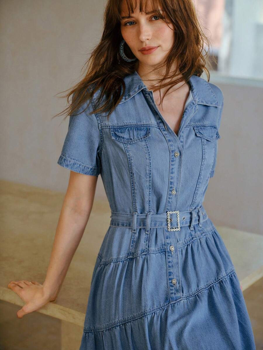 MOTF PREMIUM BELTED BUTTON UP SHORT SLEEVE DENIM DRESS - Blue - View 2