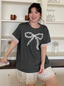Dazy Plus Bow Decor Round Neck Top + Polka Dot Lace Splice Pants Pajama Set