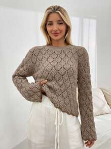 EURMUSE Women Pointelle Knit Round Neck Sweater With Striped Hem - Beige - View 2