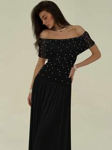 Aloruh Women Elegant Pearl Beaded Ruched Off Shoulder Fitted Long Dress Party Dresses For Women