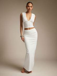 Hauture 性感夏季休闲褶饰肩部深 V 紧身短款上衣 - 白色 - 查看 4