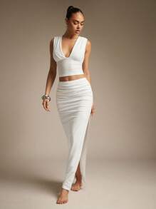 Hauture 性感夏季休闲褶饰肩部深 V 紧身短款上衣 - 白色 - 查看 5