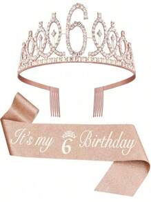 Set de 2 piezas que incluye peine para el cabello con corona de cristal de strass para el 3er, 4to, 5to, 6to, 7mo, 8vo, 9no cumpleaños, decoración de aniversario, "¡Es mi 5to cumpleaños!", faja de satén, suministros para fiestas, corona de strass y decoración de cumpleaños, navidad, día de la madre, graduación - Multicolor - Ver 6