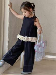 DAZY Young Girls Round Neck 2 In 1 Flower Bud Sleeveless Shirt + Loose Casual Denim Suit,Girls Summer Outfits - Royal Blue - View 4