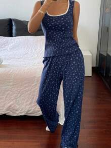 DAZY 2pcs/Set Women Ditsy Floral Pajama Set - Navy Blue - View 5